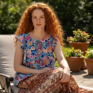 Emily Wonder Multi Color Floral Ruffle Tie Front Peplum Sleeveless Blouse 2X